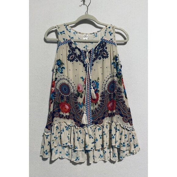 Bila Jessica Top Womens Small Floral Tassel Tie Neck Ruffle Hem Sleeveless Boho - Picture 1 of 8